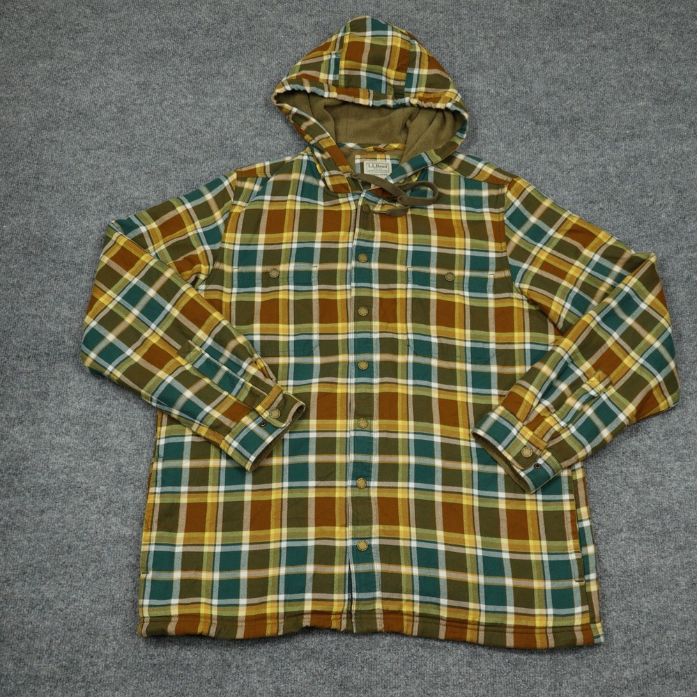 L.L. Bean Shirt Mens Large Multicolor Plaid Fleece Lined Hooded Slightly Fitted